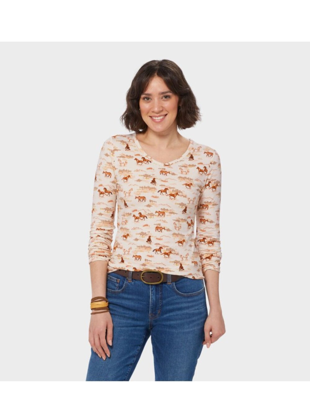 NWT DULUTH TRADINGS Women's Horse Print Long Sleeve V-Neck T-Shirt Szie S